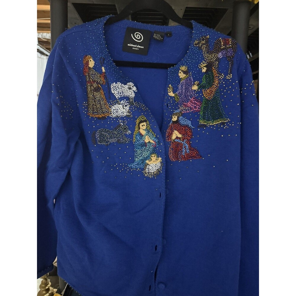 VTG Michael Simon Event Christmas Nativity Cardigan Women L Sweater